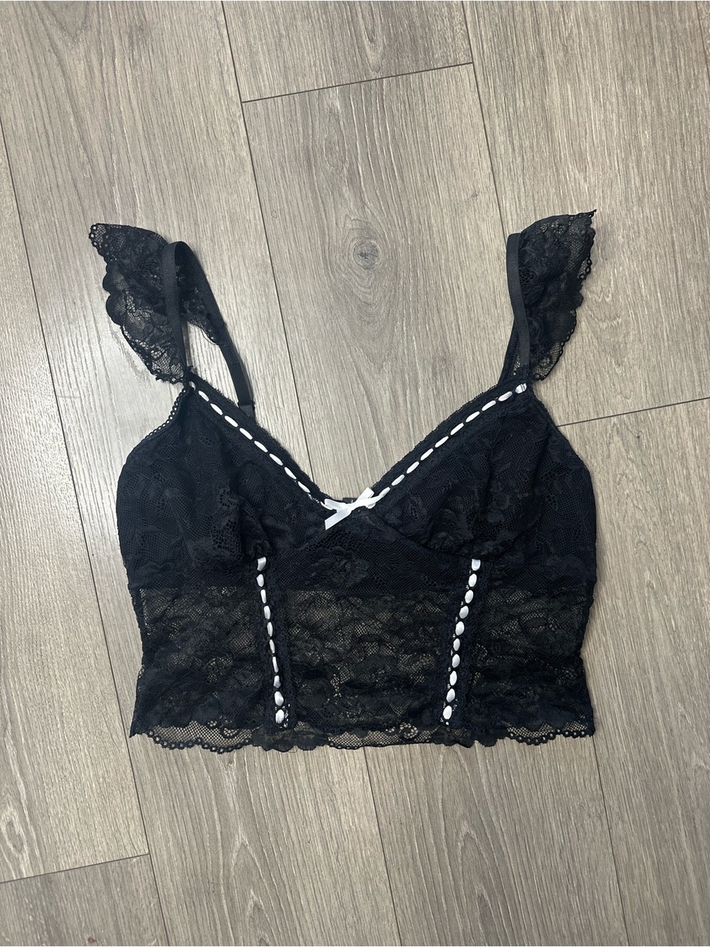 Dolls Kill Black Lace Longline Crop Bralette with White Trim